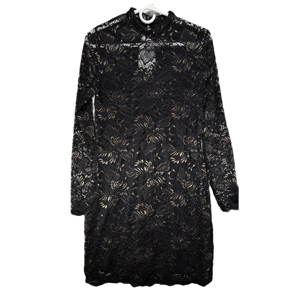 Material Girl Black & Gold Long-Sleeve Mesh Lace Bodycon Dress Size Large Witchy